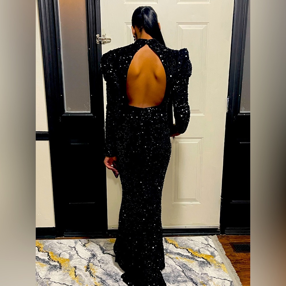 Gigot Sleeve Mermaid Hem Sequin Formal Dress Black